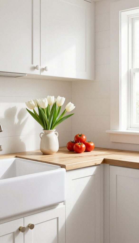 Farmhouse kitchen with narrow wooden ledge above sink holding tulips and tomatoes