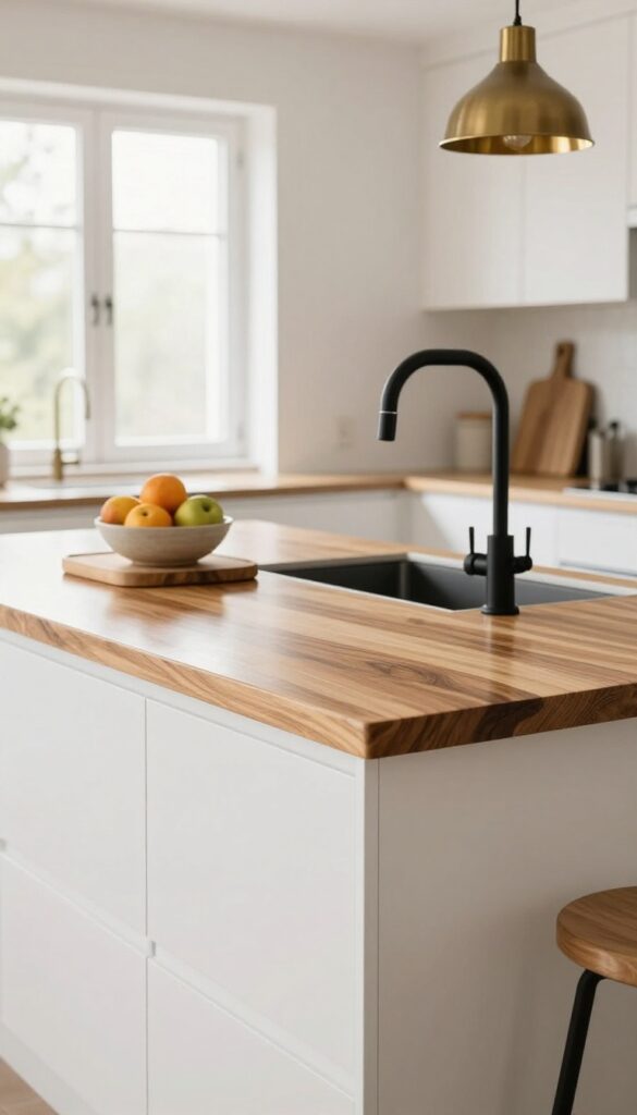 Kitchen island with butcher block countertop sealed with mineral oil, paired with white quartz counters, matte black faucet, and brass pendant lights.