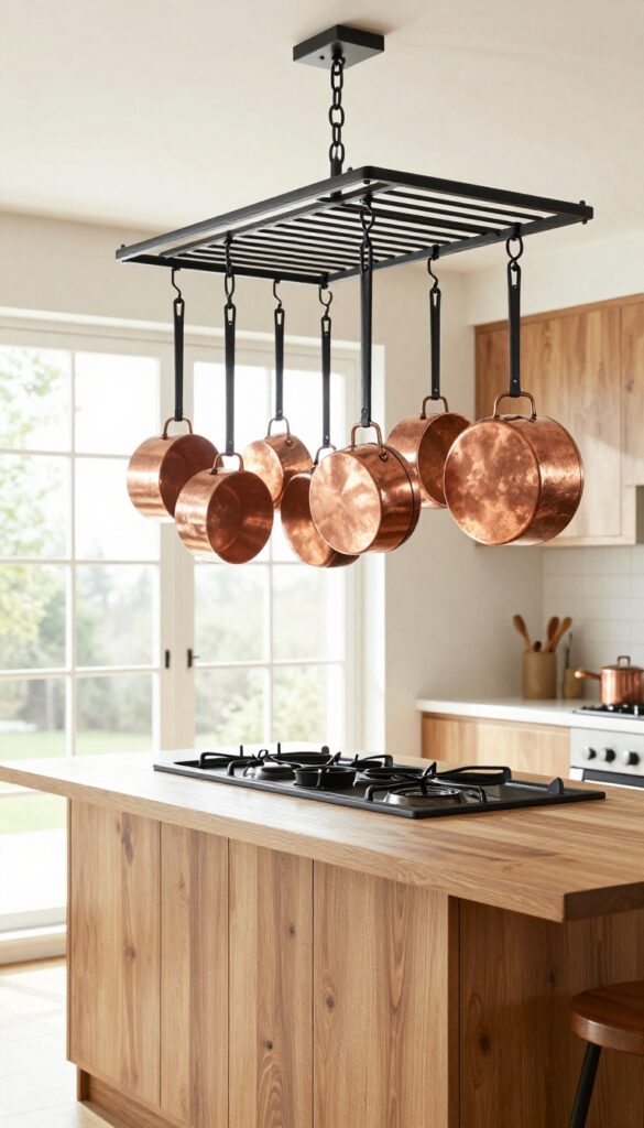 Hanging pot rack over kitchen island with copper and cast iron pots in bright natural light