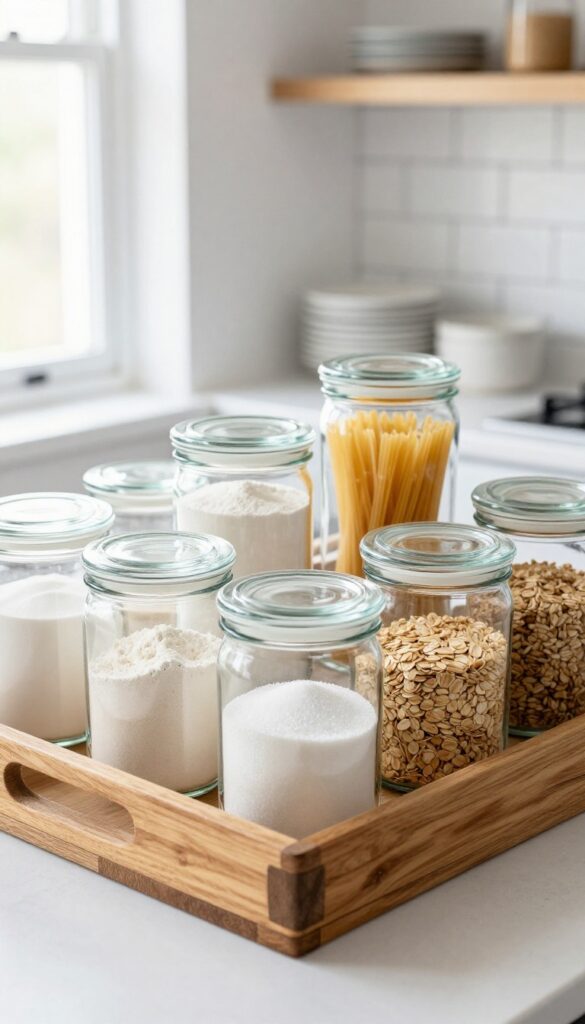 Farmhouse kitchen countertop with clear glass canisters holding pantry staples like flour and pasta