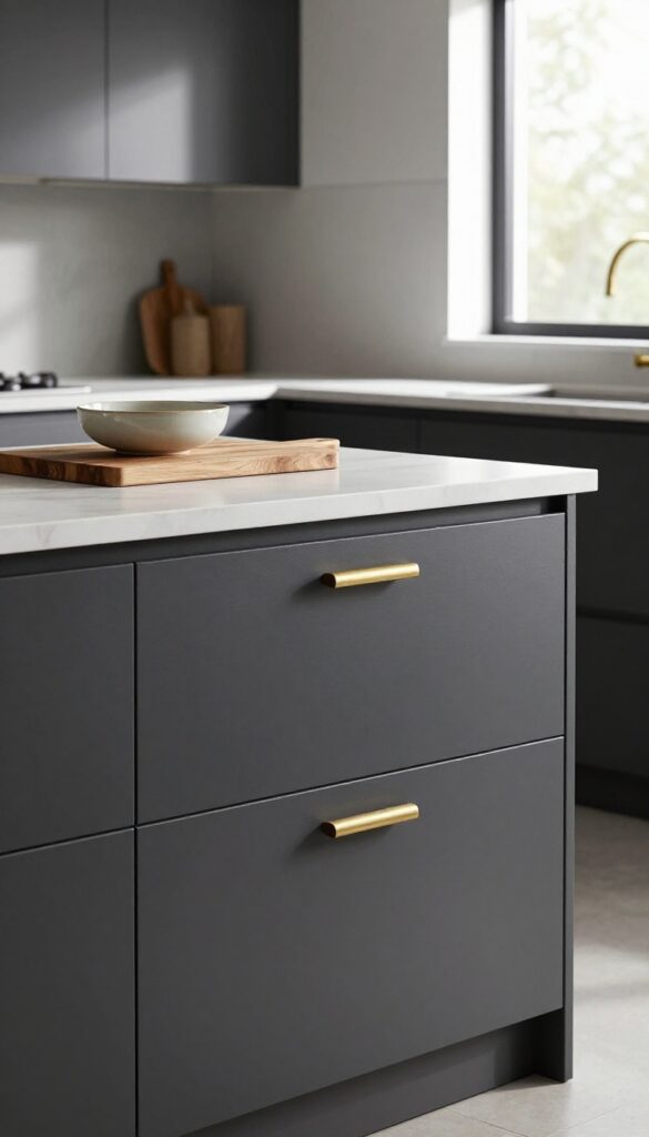 Modern kitchen with charcoal island, hidden drawer dividers, warm brass hardware, natural light