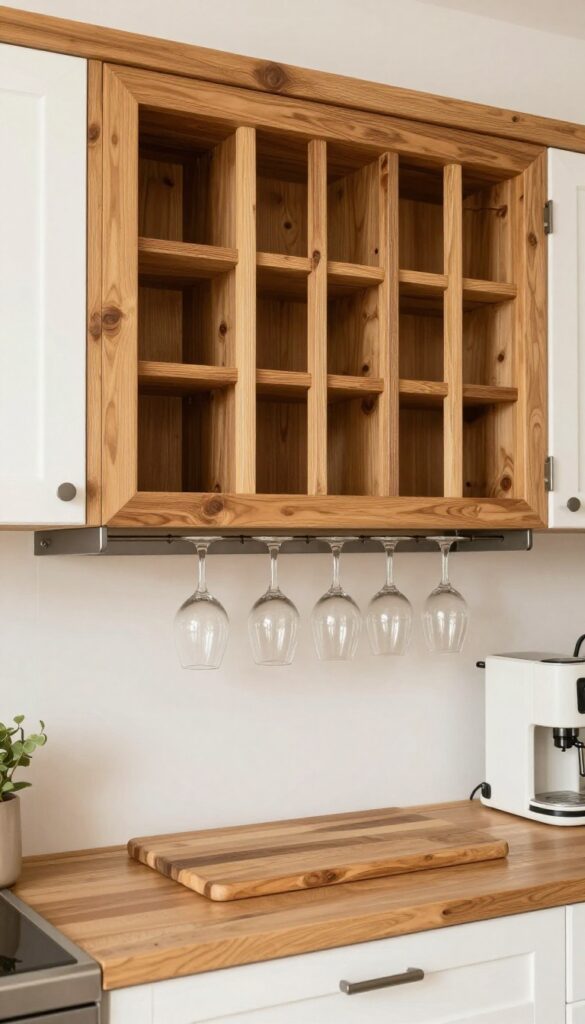 Under-cabinet rustic wooden wine glass rack holding upside-down stemware in a cozy small kitchen