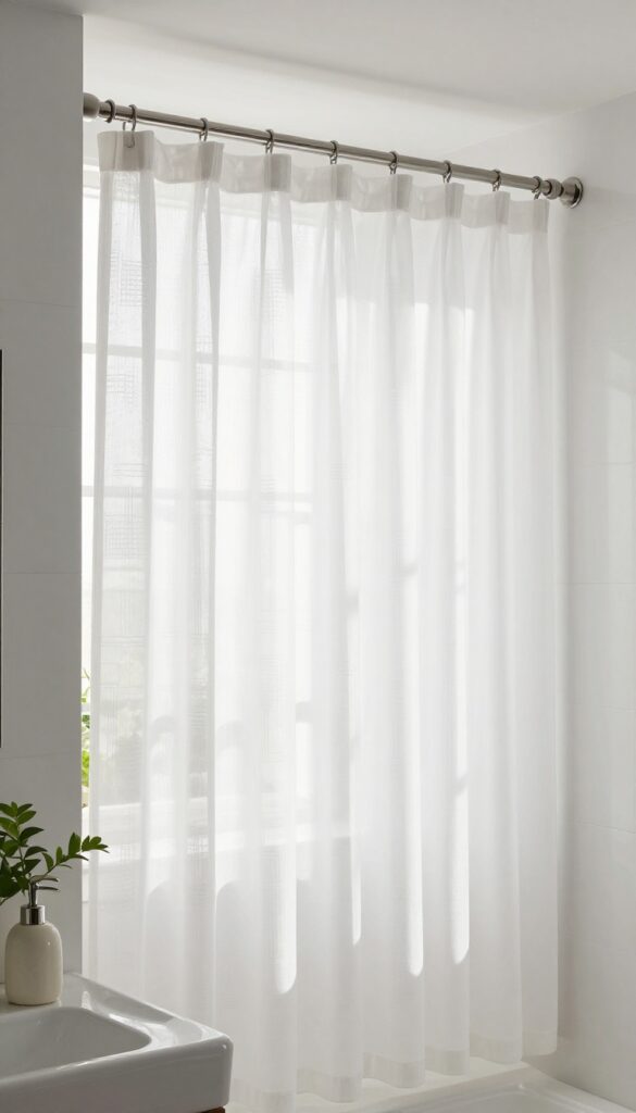 Layered shower curtains: white solid outer curtain and sheer patterned inner curtain in a bright bathroom.