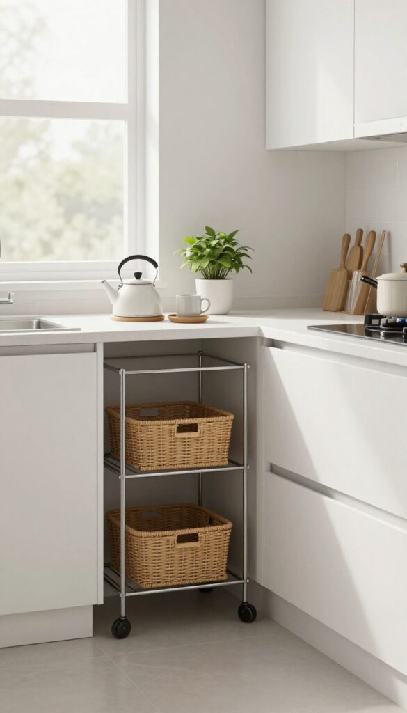 Slim rolling cart tucked between counter and fridge in bright kitchen