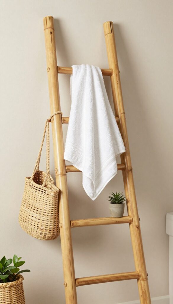 A bamboo ladder towel rack in a bathroom, featuring towels and decorative elements like a plant and basket against a neutral wall.