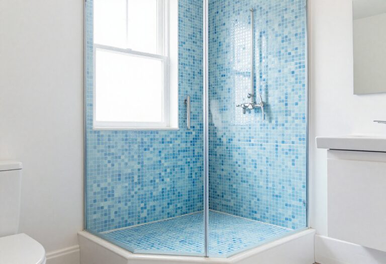 Modern bathroom shower with blue glass tile mosaic, natural lighting, and minimalist decor