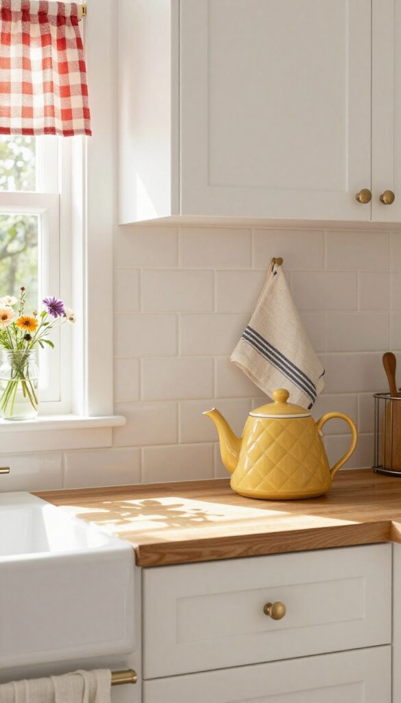 Cottage kitchen with vintage textiles: gingham valance, striped linen towel, and quilted tea cozy on counter.