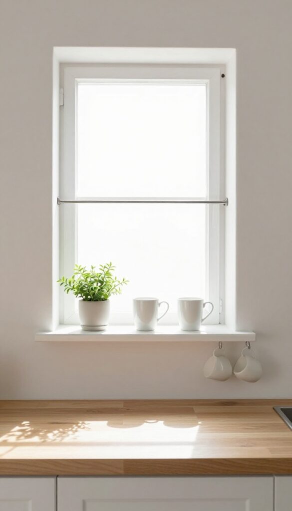 A shallow shelf mounted beneath a kitchen window holding white cups and a small plant, with cups hanging from a rail underneath.