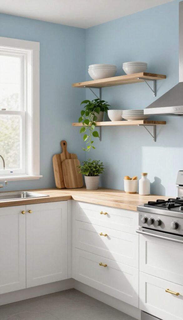 Pale blue kitchen walls with white cabinets, stainless steel appliances, and plants
