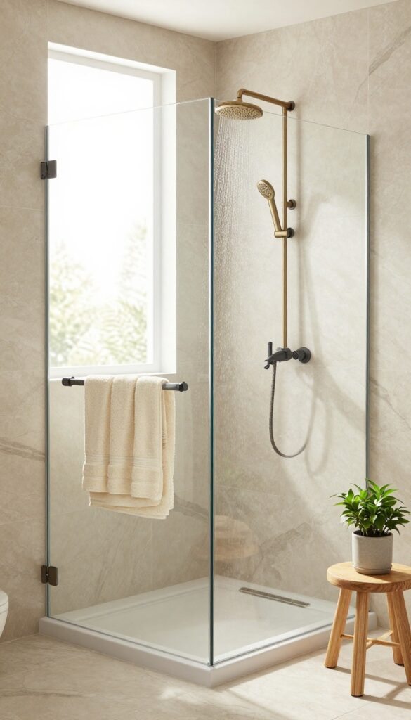 Beige marble-effect tiles in a bright bathroom with brushed gold fixtures and cream towels, showcasing elegant luxury without text or overlay.