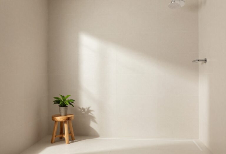 Modern bathroom with beige shower tiles, natural light, and cozy decor accents