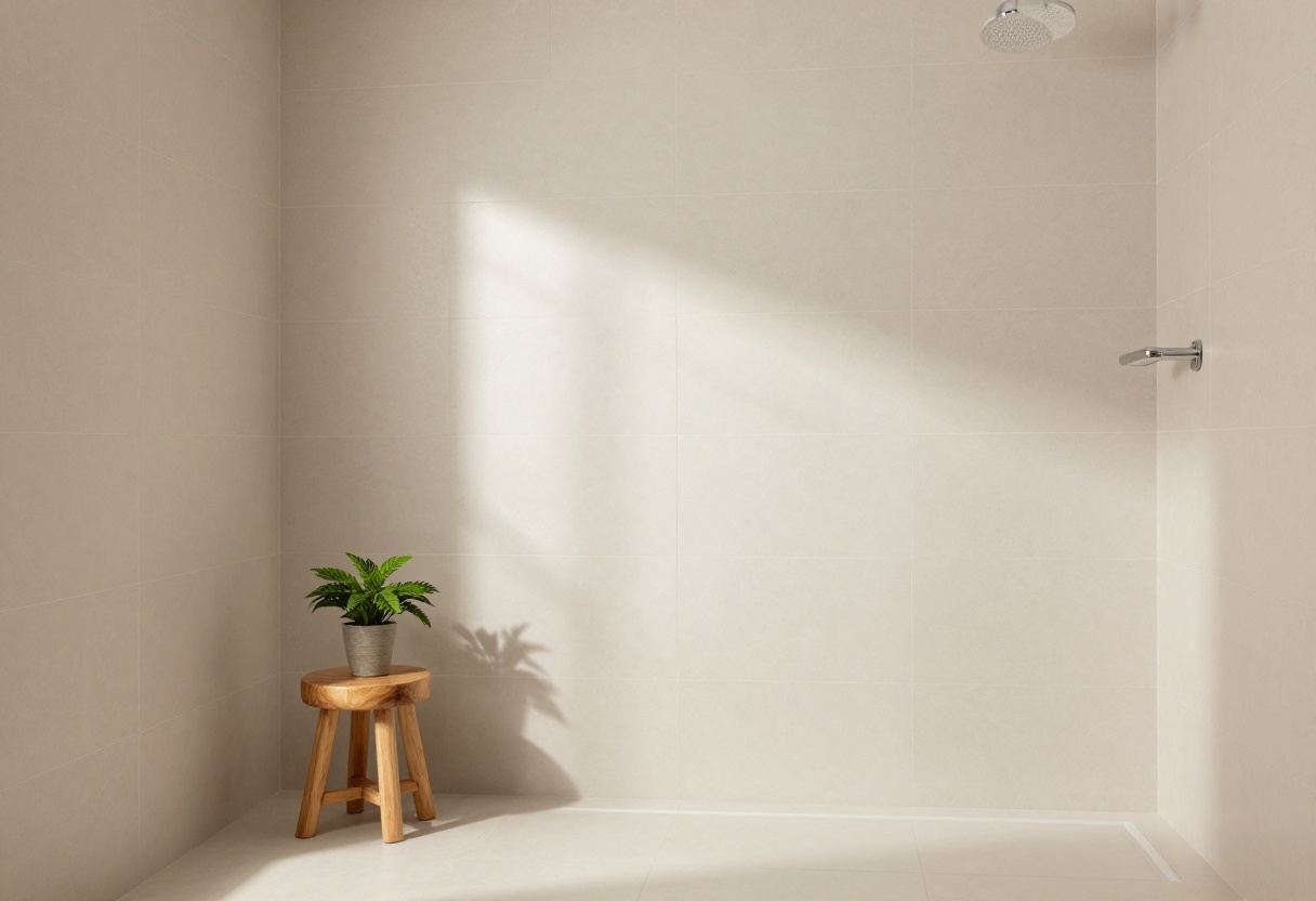 Modern bathroom with beige shower tiles, natural light, and cozy decor accents