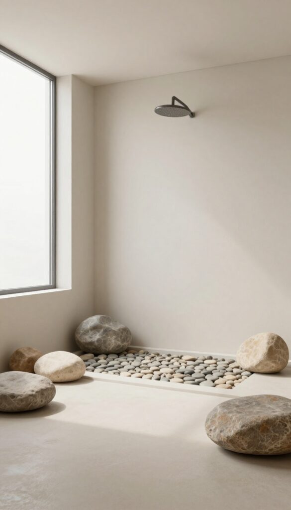 A minimalist bathroom with a river rock shower base and simple walls, showcasing natural spa-inspired design with earthy tones and bright natural light.