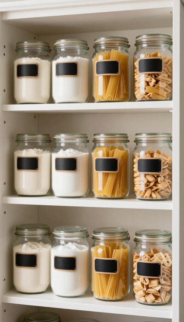 Open pantry shelves with uniform glass jars filled with pantry staples, natural light, organized and clean.