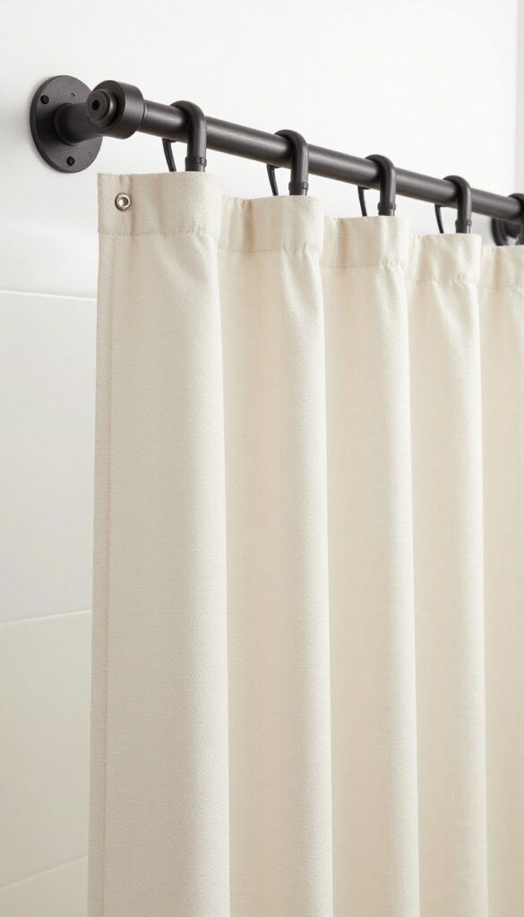 Industrial pipe shower curtain rod in a modern bathroom with raw metal pipes and neutral curtain for edgy character