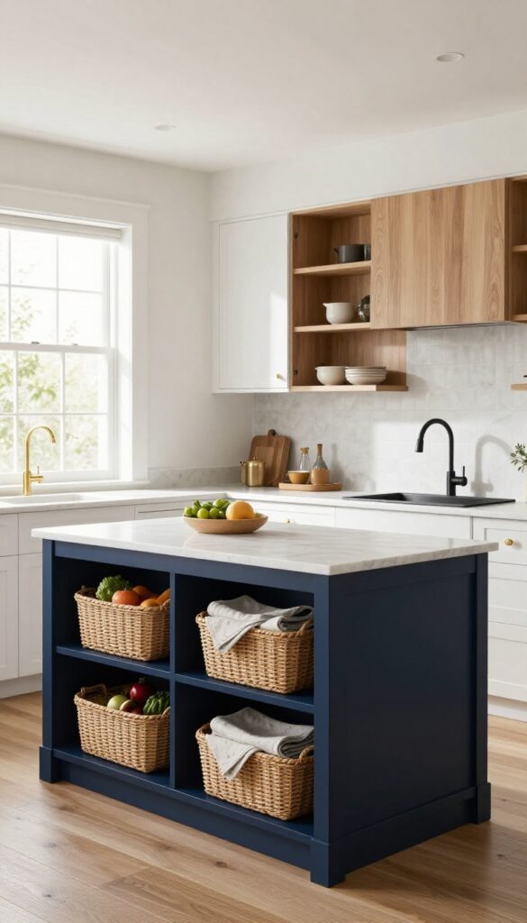 Navy blue kitchen island with built-in woven baskets, light marble countertop, warm wood floors, brass hardware, and bright natural light.