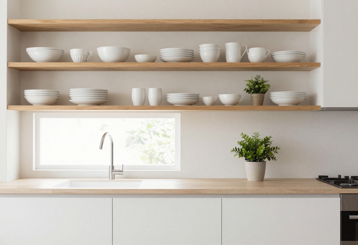 Modern open shelf kitchen with white dishes and plant