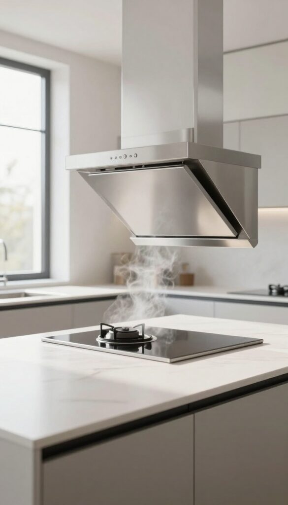 Sleek downdraft vent rising from kitchen island cooktop