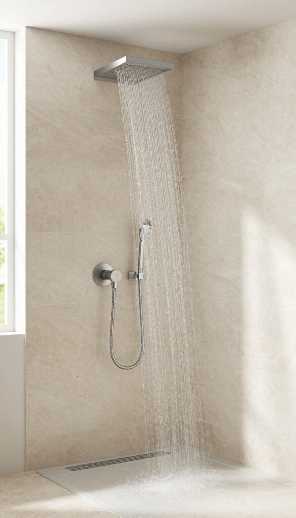 Modern walk-in shower with wall-mounted waterfall faucet flowing over natural stone tile wall, linear drain, bright natural light