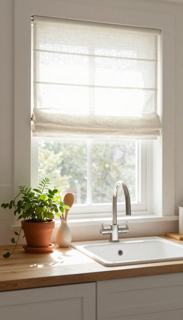 Roman shades with built-in shelf in a small kitchen, holding plants and utensils