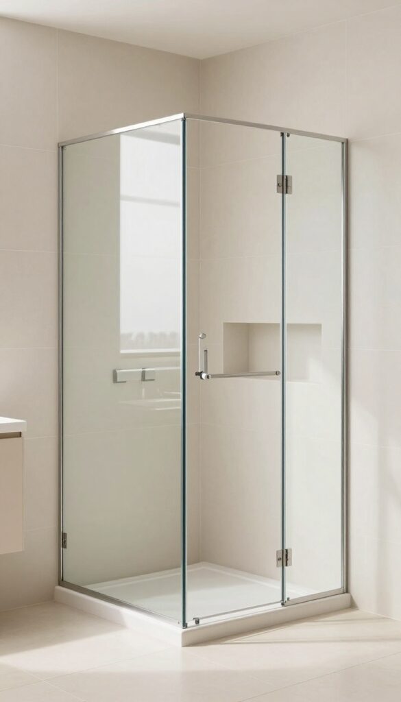 Corner glass shower enclosure in a modern bathroom, showcasing efficient use of space with clear glass and light tiles for an open, airy look.