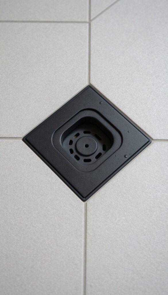 Matte black drain cover on light gray hexagonal shower tiles