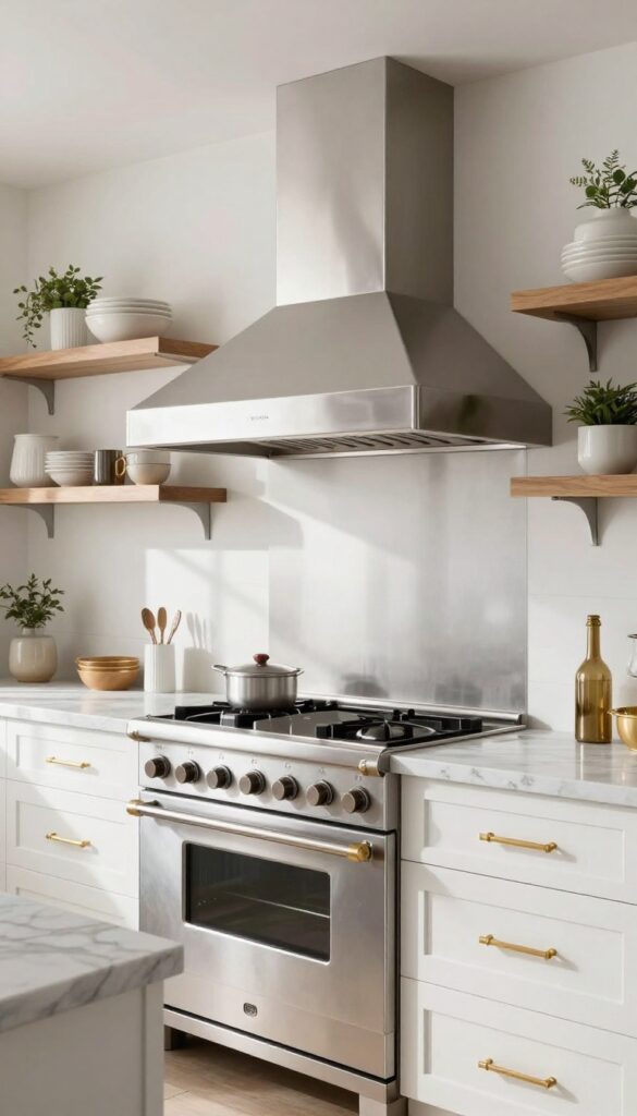Sleek stainless steel range hood with subtle curve in bright kitchen with white cabinets, marble counters, brass hardware, and open wooden shelves.
