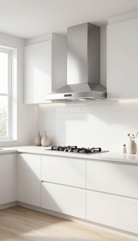 Modern kitchen with stainless steel microwave-hood combo above cooktop, clean counter, bright natural light.