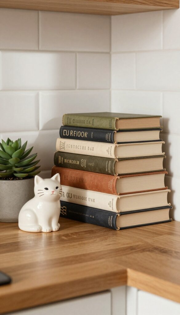Stack of vintage cookbooks with decorative bookend on kitchen counter