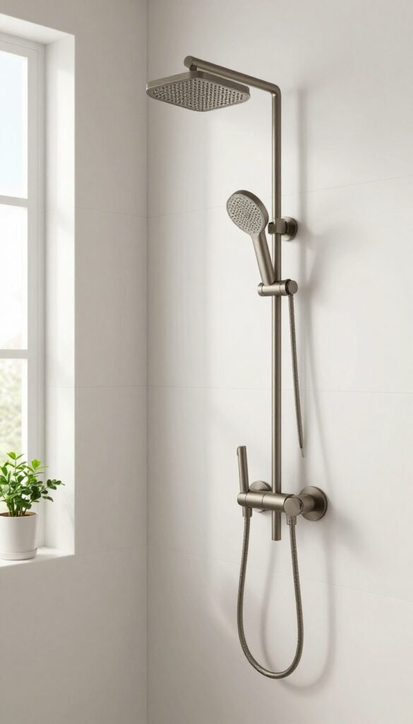A modern bathroom featuring a water-saving showerhead in brushed nickel with matching fixtures and natural greenery for an eco-friendly look.
