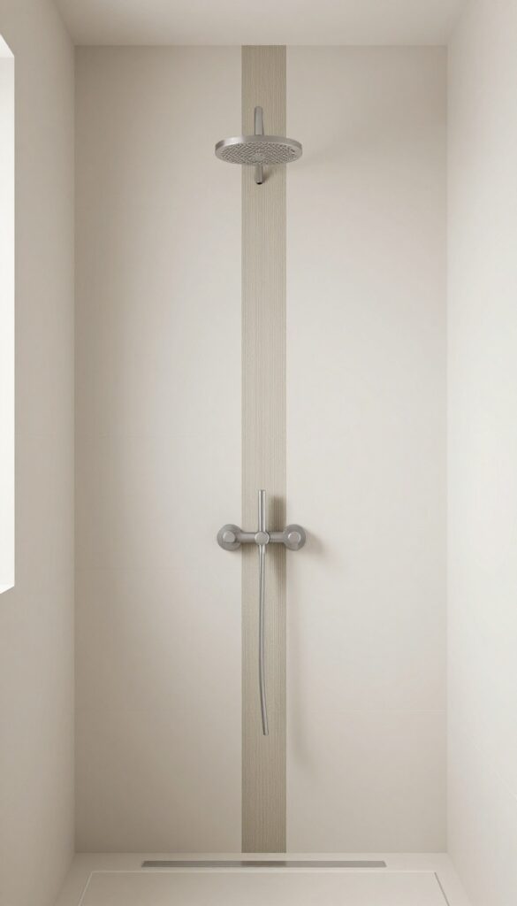 A walk-in tile shower with a vertical accent strip lining up with the shower hardware for a purposeful design.