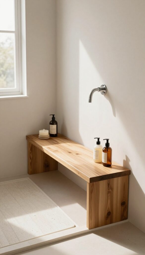 A small bathroom shower with a built-in teak bench for comfort and storage in natural light