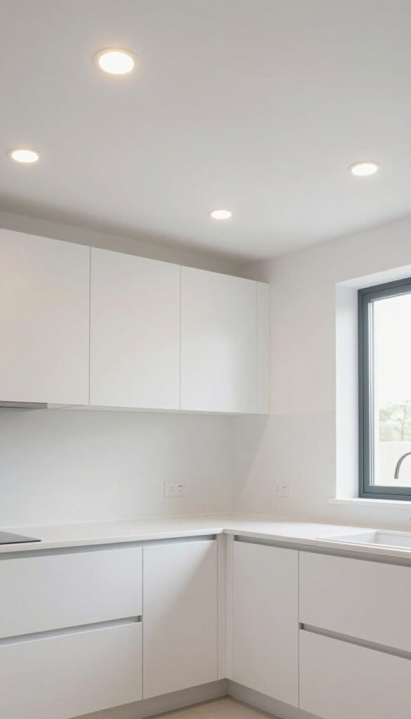 Small kitchen with recessed can lights on a dimmer, warm glow, minimal clutter