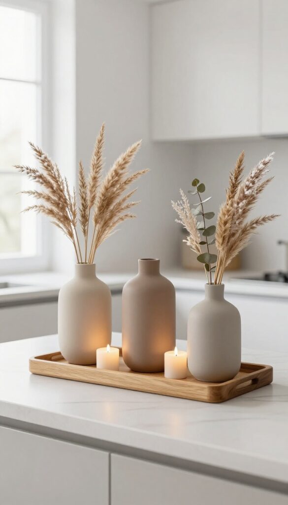 Three matte ceramic vases with dried branches and fake snow on a wooden tray on a modern kitchen island, with flickering candles.