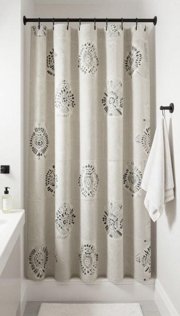 A patterned shower curtain serving as a focal point in a bright bathroom with neutral walls and towels.