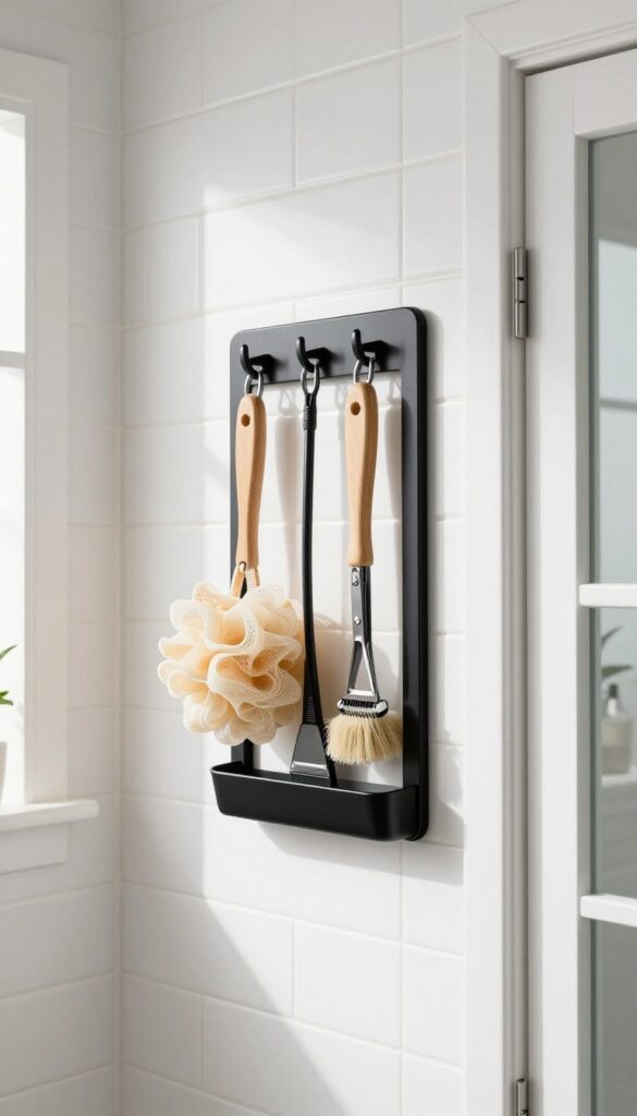 A modern shower with a matte black caddy featuring a hook, holding a loofah and brush, with other toiletries inside.