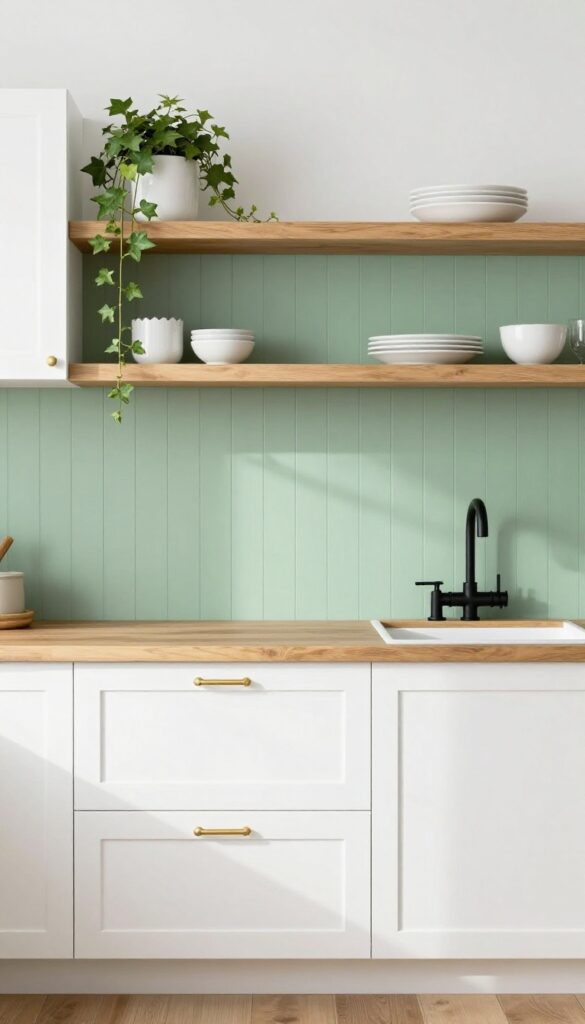 Kitchen with sage green bead board backsplash, white cabinets, brass hardware, and natural wood accents.