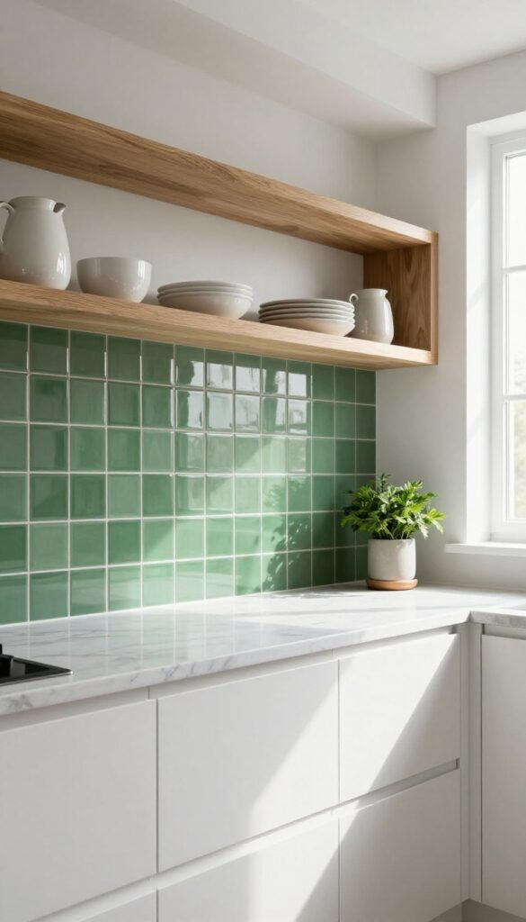 Bright kitchen with sage green tile backsplash, white countertops, and warm wood open shelves