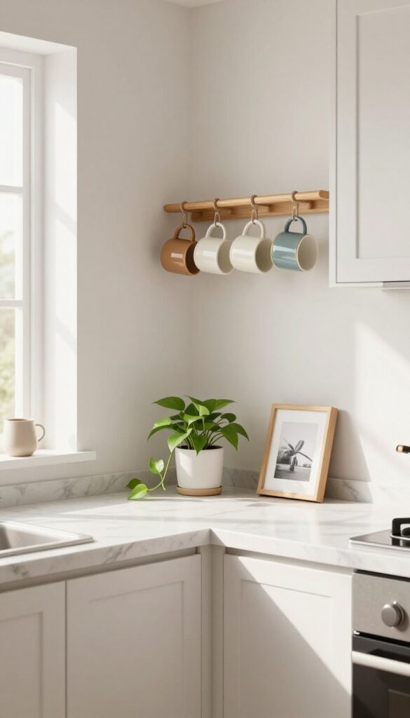 A hanging mug rack above a kitchen counter corner displaying colorful mugs with a small plant and framed photo below.