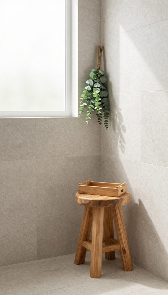 Teak stool with natural grain in a bright shower with stone tiles and eucalyptus