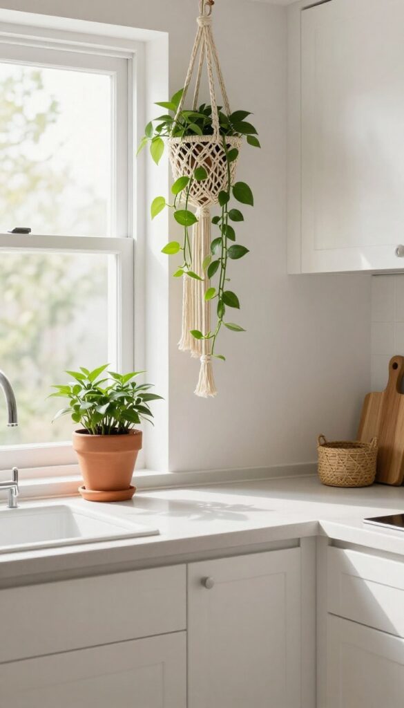 Macrame plant hanger with trailing pothos in a small kitchen corner