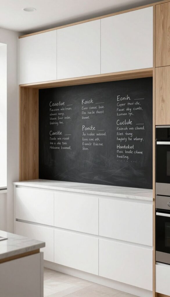 Modern kitchen with matte black chalkboard backsplash framed in wood trim, recipe notes written in white chalk, bright natural light