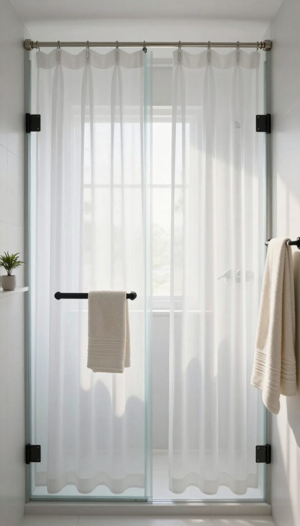 A bathroom with frosted glass shower doors and sheer curtains, showcasing a soft, layered look for privacy and light diffusion in a serene setting.