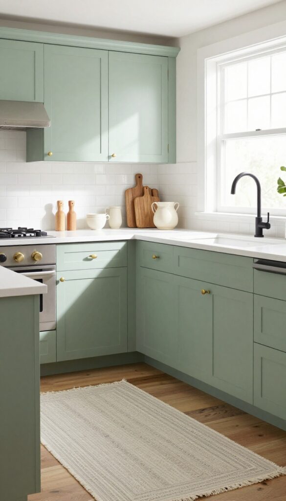 Soft sage green kitchen cabinets with white countertops and warm brass hardware