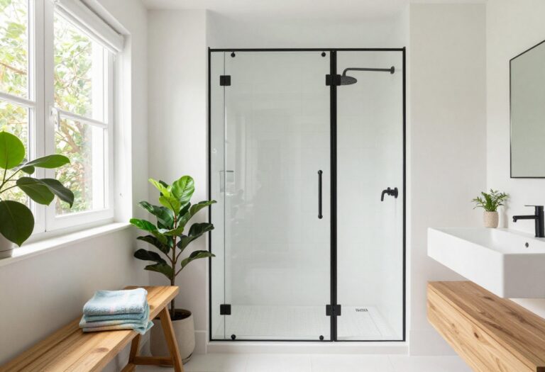 A stylish white tile walk-in shower with wooden accents, plants, and matte black fixtures in a bright, modern bathroom.