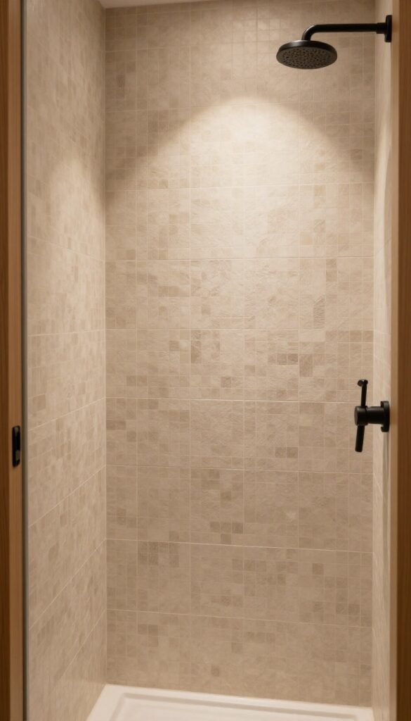 Textured beige mosaic tiles in a bathroom shower with natural wood accents and matte black fixtures under warm lighting.