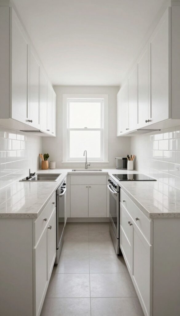 Bright narrow galley kitchen with white cabinets and glossy backsplash