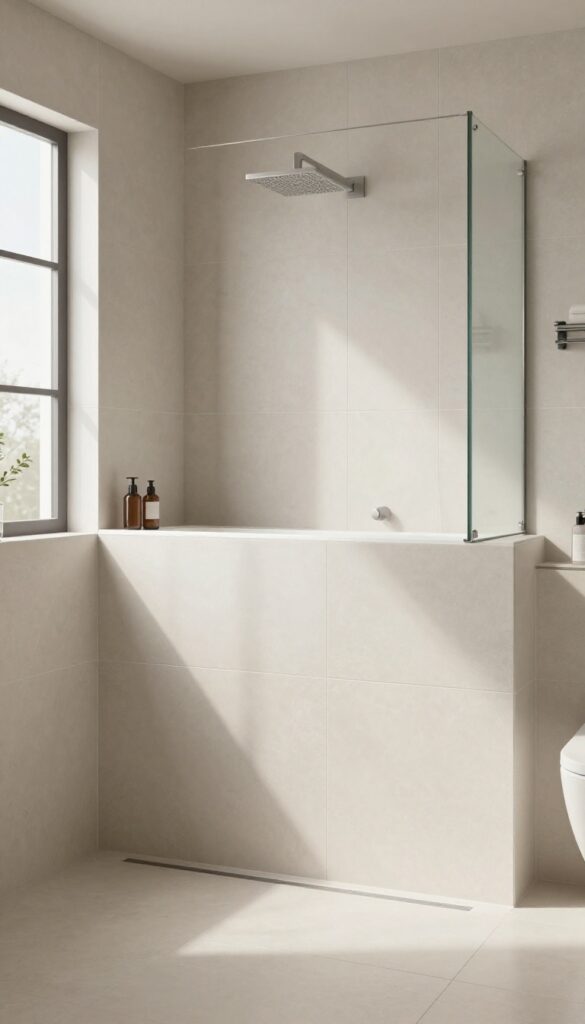 A modern walk-in tile shower with a low pony wall for shape and privacy in a bright bathroom setting.