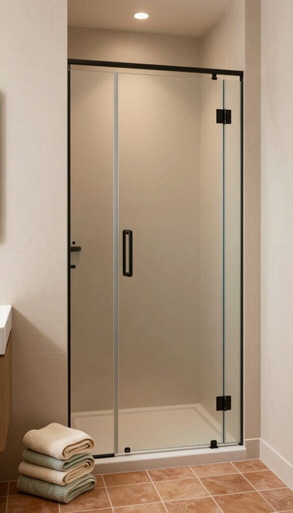 A small bathroom with a tinted bronze glass shower door in natural light, featuring earthy tones and soft towels for a warm, inviting look.