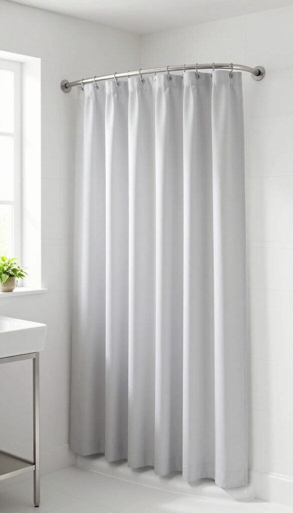 Small bathroom shower with curved shower rod providing extra elbow room, light fabric curtain, and clean bright design.